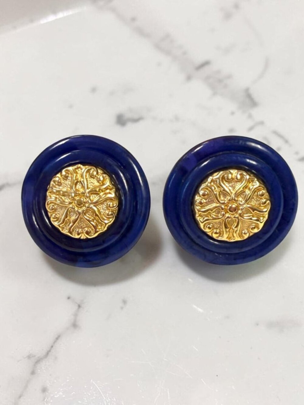 Vintage Cobalt Blue Lucite Gold Medallion Clip Earrings Baroque Statement 80s